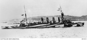 HMAS Melbourne in dazzle camouflage, 1918. HMAS Melbourne was the only RAN vessel to be painted in dazzle camouflage during World War I. Image courtesy Australian War Memorial.
