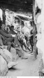 Australian troops inside a captured Turkish trench at Lone Pine, August 1915, CEW Bean. Image courtesy Australian War Memorial.