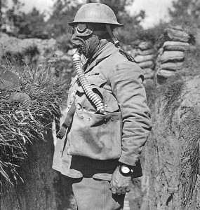 An Australian chaplain wearing the "Large Box Respirator" also known as the "Respiratory Tower" during the First World War