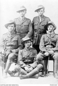 Five members of the 9th Field Company, Australian Engineers. Sergeant Herbert Velvin-Smith is seated on the right. Image courtesy Australian War Memorial.
