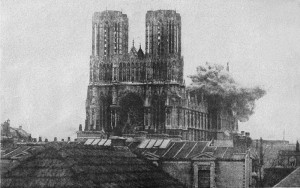 Reims Cathedral under German attack. Image courtesy Wikimedia.