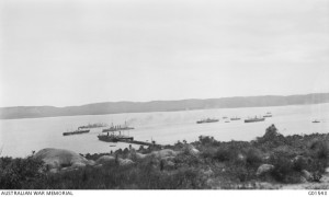 Transport ships coaling and watering in the inner harbour, Albany 30 October 1914. HMS Minotaur and HMAS Melbourne are opposite the pier. Photographer Charles Edwin Woodrow (CEW) Bean. Image courtesy Australian War Memorial.