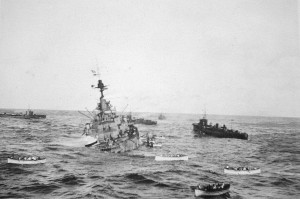 The crew of HMS Audacious take to lifeboats 27 October 1914. Image courtesy Nigel Aspdin.