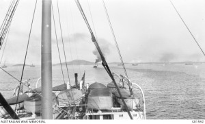 HMT Southern and HMT Pera following HMT Orvieto out of King George's Sound, Albany 1 November 1914. Photographer Charles Edwin Woodrow (CEW) Bean. Image courtesy Australian War Memorial.