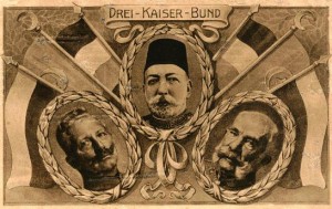 Wilhelm II, Mehmed V and Franz Joseph, emperors of the three Central Powers. Image in public domain.
