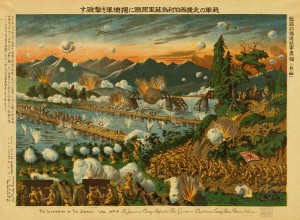 A Japanese lithograph of the Japanese fighting German troops during the conquest of the German colony Tsingtao (today Qingdao) in China between 13 September and 7 November 1914.