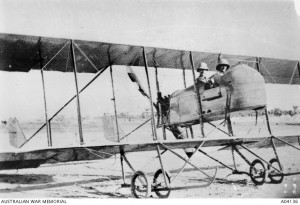 Two members of the Half Flight seated in a Maurice Farman Shorthorn aircraft, Mesopotamia, 1916. Image courtesy Australian War Memorial.