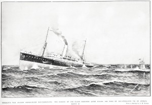 Drawing of the sinking of the Elder Dempster liner Falaba, 28 March 1915. Image courtesy Sir George Grey Special Collections, Auckland Libraries, AWNS-19150422-47-2.