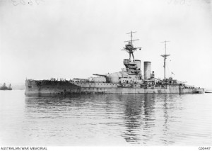 The battleship HMS Queen Elizabeth in Mudros harbour off the Gallipoli Peninsula 1915. Image courtesy Australian War Memorial.