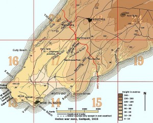 Map of the Helles war zone of Gallipoli, 1915. Image courtesy Rcbutcher, Wikimedia Commons.