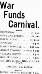Advertisement for the War Funds Carnival to be held on Empire Day, 24 May. Image courtesy Leader.