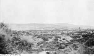 Burning scrub on the seaward slopes of Hill 60, CEW Bean, 27 August 1915. Image courtesy Australian War Museum.