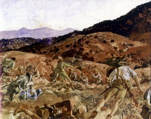 The charge of the 3rd Light Horse Brigade at The Nek 7 August 1915, George Lambert, 1924. Image courtesy Wikimedia Commons.