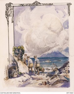 Private Frank Crozier’s illustration of Anzac Cove. In the distance is the snow capped island of Samothrace. Image courtesy Australian War Memorial.