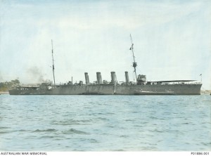 HMAS Brisbane moored in Farm Cove shortly after completion, 1915. Image courtesy Australian War Memorial.