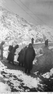 Major AM Martyn in the snow outside Artillery Headquarters, White Gully, following the great blizzard, CEW Bean, 29 November 1915. mage cortesy Australian War Memorial.