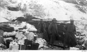 A kitchen in the snow in White Gully, Gallipoli peninsula, CEW Bean, November 1915.