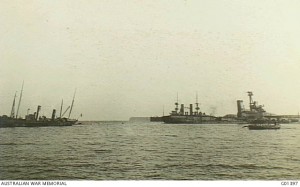 The Imbros breakwater after the storm of 28-29 November 1915. Several ships disappeared; others were driven ashore. CEW Bean. Image courtesy Australian War Memorial.