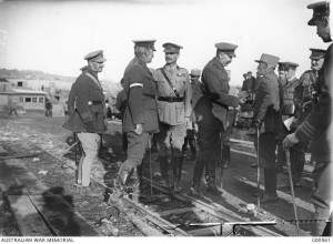 Lord Kitchener with the French Commander-in-Chief. Lieutenant-General Sir William Riddell Birdwood is behind Lord Kitchener, Ernest Brooks, Gallipoli, November 1915. Image courtesy Australian War Memorial.
