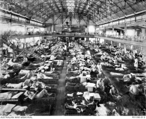 The interior of No 1 Australian Auxiliary Hospital, formerly the Luna Park skating rink, 1915. Image courtesy Australian War Memorial.