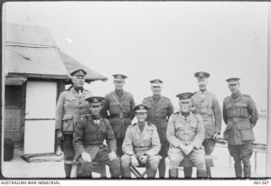 Lieutenant Commander Bracegirdle (front centre) with fellow officers of the 1st Royal Australian Navy Bridging Train, Egypt, 1916. Image courtesy Australian War Memorial.