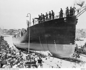 The launch of HMAS Swan, Cockatoo Island, 11 December 1915. Image courtesy Australian War Memorial.