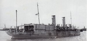 Stern view of HMS Ben-my-Chree, showing the aircraft hangars, c1915. Image courtesy Imperial War Museum.