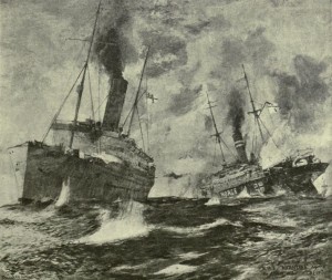 Unknown artist's impression of HMS Alcantara and SMS Greif in battle. Image courtesy The Times History and Encyclopaedia of the War Vol XXI, London 1920, p. 127.