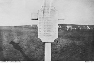 Commemorative plaque erected in the memory of 13 men of the 11th Australian Light Horse killed in action 7 November 1917 near Gaza, Palestine. Image courtesy Australian War Memorial.