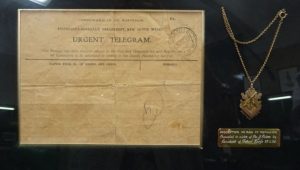 Telegram (illegible) advising James’ sister Levine of his death. The residents of Forest Reefs presented the medallion on the right to Levine in 1920. Image courtesy WE Agland RSL MBE Memorial Museum Orange.