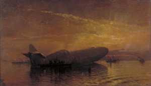 St George and the Dragon: Zeppelin L-15 in the Thames by Donald Maxwell. Image courtesy Imperial War Museum © IWM, Art. IWM ART 888.