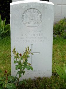 Basil Nicholl’s Headstone, Merville Communal Cemetery France. Image courtesy Sharon Hesse.