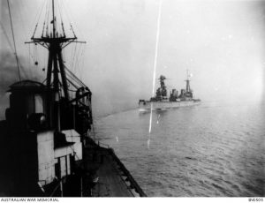 HMAS Australia at sea, followed by HMS New Zealand. Image courtesy Australian War Memorial.