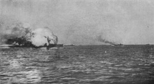 HMS Invincible explodes after being struck by shells from Lutzow and Derfflinger in the Battle of Jutland, 31 May 1916.