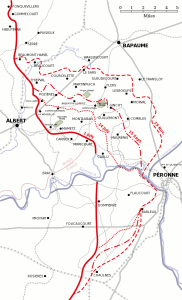 Map of the Somme battlefield, 1916, showing the frontline before the three major offensives of 1 & 14 July and 15 September as well as the final frontline at the end of the battle of 18 November. Image in public domain.