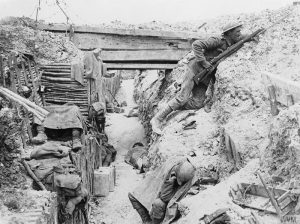 British soldiers in a captured German trench at Ovillers-la-Boisselle on the Somme, July 1916. Image courtesy Imperial War Museum ©IWM (Q 3990).