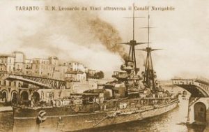 Postcard of the battleship Leonardo da Vinci in Taranto 1916. Image in public domain.