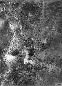 Aerial photograph of Thiepval under bombardment, September 1916. Image courtesy Imaperial War Museum © IWM (HU 91109).