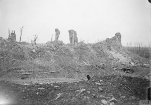 Ruins of Martinpuich Church, Courcelette, September 1916.Image courtesy Imperial War Museum © IWM (Q 4351).