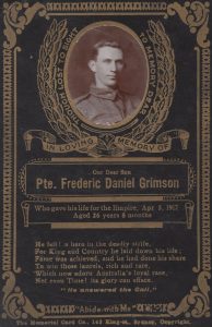 Frederick Daniel Grimson memorial card. Image courtesy WE Agland RSL MBE Memorial Museum, Orange.