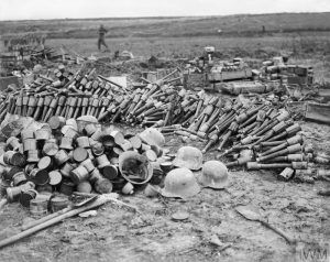 Bombs, steel helmets and other stores left behind by German troops driven out of St Pierre Divion, John Warwick Brooke, 13 November 1916. Image courtesy Imperial War Museum © IWM (Q 4586).