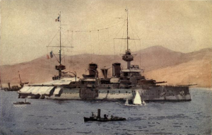 French battleship Suffren off the Dardanelles in 1915. Image courtesy The Dardanelles: Colour Sketches from Gallipoli